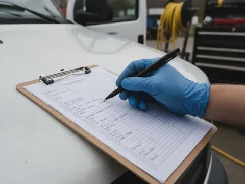 Technician marking AC maintenance checklist items on clipboard at service van