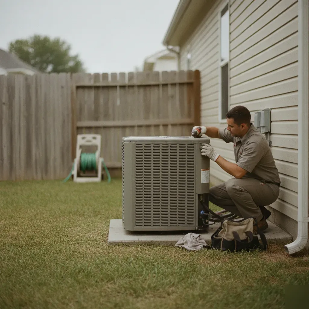 Freshly serviced A/C condenser unit in a Providence Village backyard