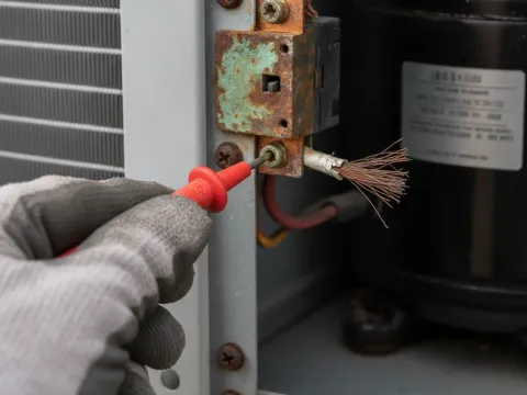 Close-up of technician testing corroded AC contactor during maintenance inspection