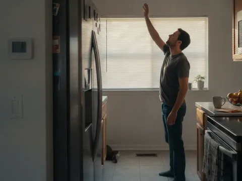 Homeowner checking weak airflow from vent, common AC maintenance warning sign
