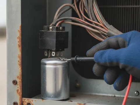 Technician tests bulging A/C capacitor with multimeter during Providence Village repair visit