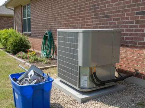Repaired A/C condenser unit reassembled outside Providence Village home after service