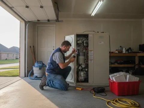 Technician diagnosing AC unit capacitor before repair in Providence Village garage