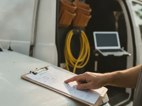 Technician reviews itemized A/C repair pricing estimate on clipboard in Providence Village