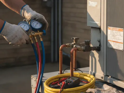 Refrigerant gauges and tools used in AC repair in Aubrey