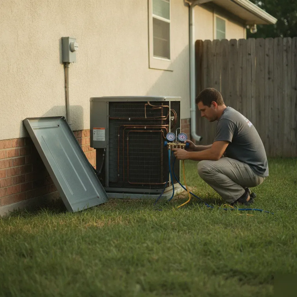 A/C condenser unit serviced outside a Providence Village home during a repair visit
