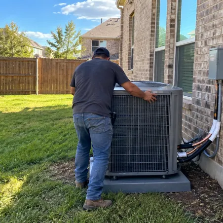 Technician looking over a new air conditioner condenser installed beside a McKinney brick home