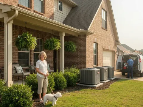 Aubrey homeowner and dog outside home with maintained AC condenser units