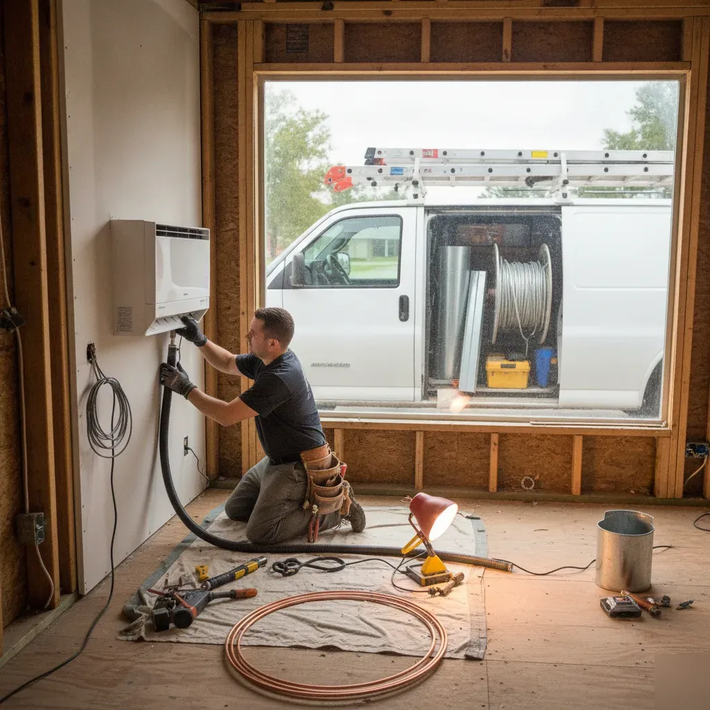 Ductless mini-split condenser installed outside an Aubrey home