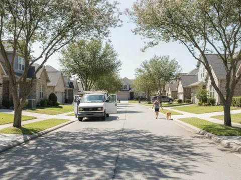 Aubrey neighborhood street with HVAC service van and homeowner walking dog