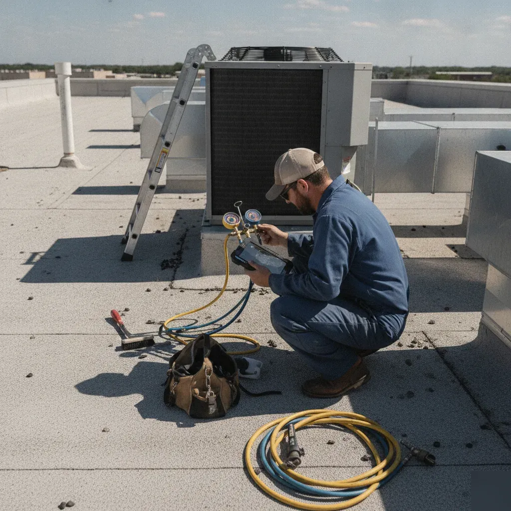 Commercial rooftop AC unit serviced during an air conditioning repair visit in Aubrey