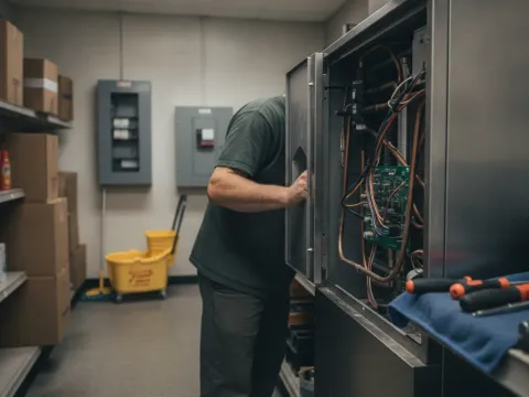 Technician repairing commercial ice machine in Aubrey store