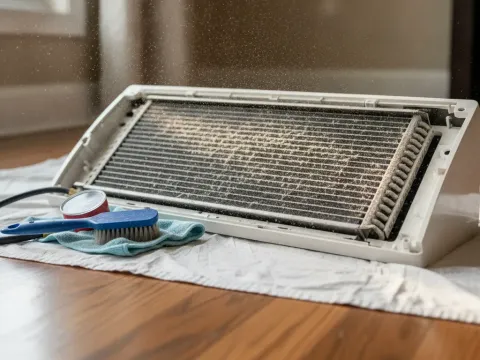 Ductless mini-split evaporator coil and repair tools during service in Aubrey