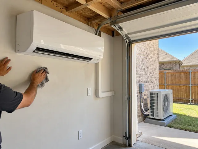 Ductless mini-split mounted in a converted garage, with its outdoor condenser just outside