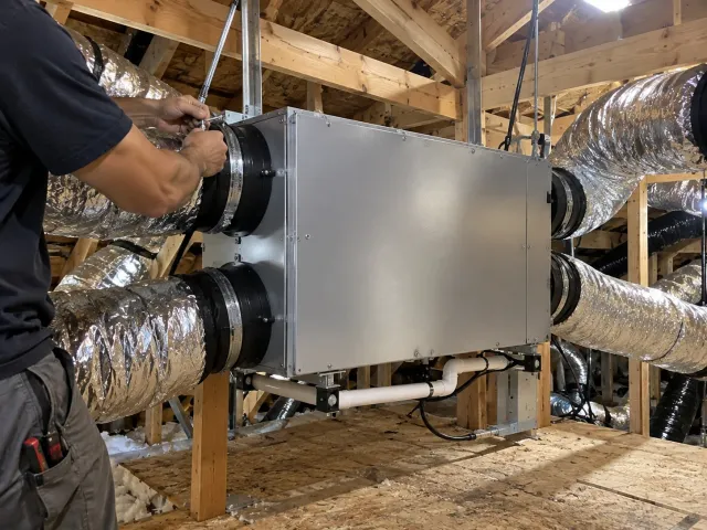 Technician connecting insulated ductwork to an ERV ventilation unit installed in an attic