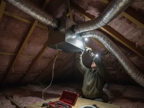 Technician installing ERV ventilation unit in attic of sealed Aubrey home