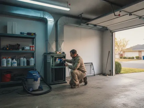 Technician inspects evaporator coil during A/C repair visit in Providence Village garage