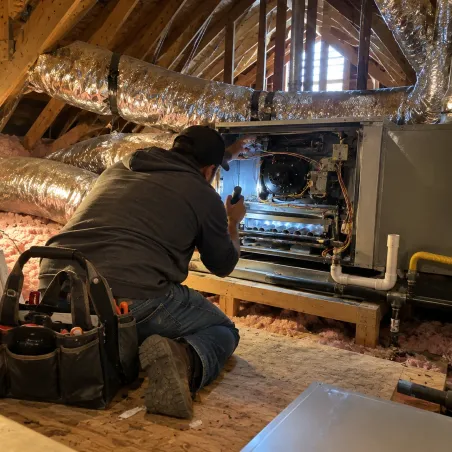 Technician inspecting the burners and wiring of an attic gas furnace in a McKinney home