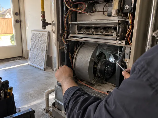 Technician using an inspection mirror to check a furnace blower wheel and motor for the source of a noise