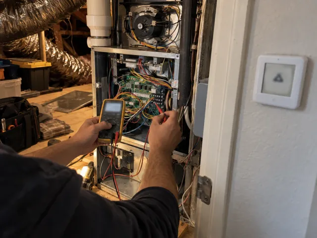 Technician testing a furnace control board with a multimeter, with the wall thermostat beside the unit