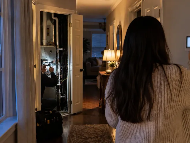 Homeowner watching a technician diagnose a furnace that stopped heating on a cold evening