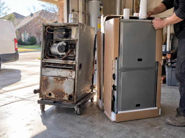 Rusted older furnace on a dolly next to a new high-efficiency furnace being unboxed in a McKinney garage