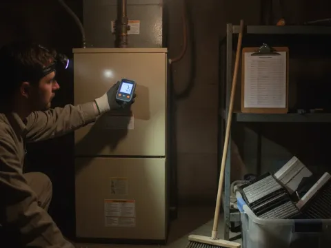 Technician checking carbon monoxide levels during gas furnace safety inspection in Aubrey