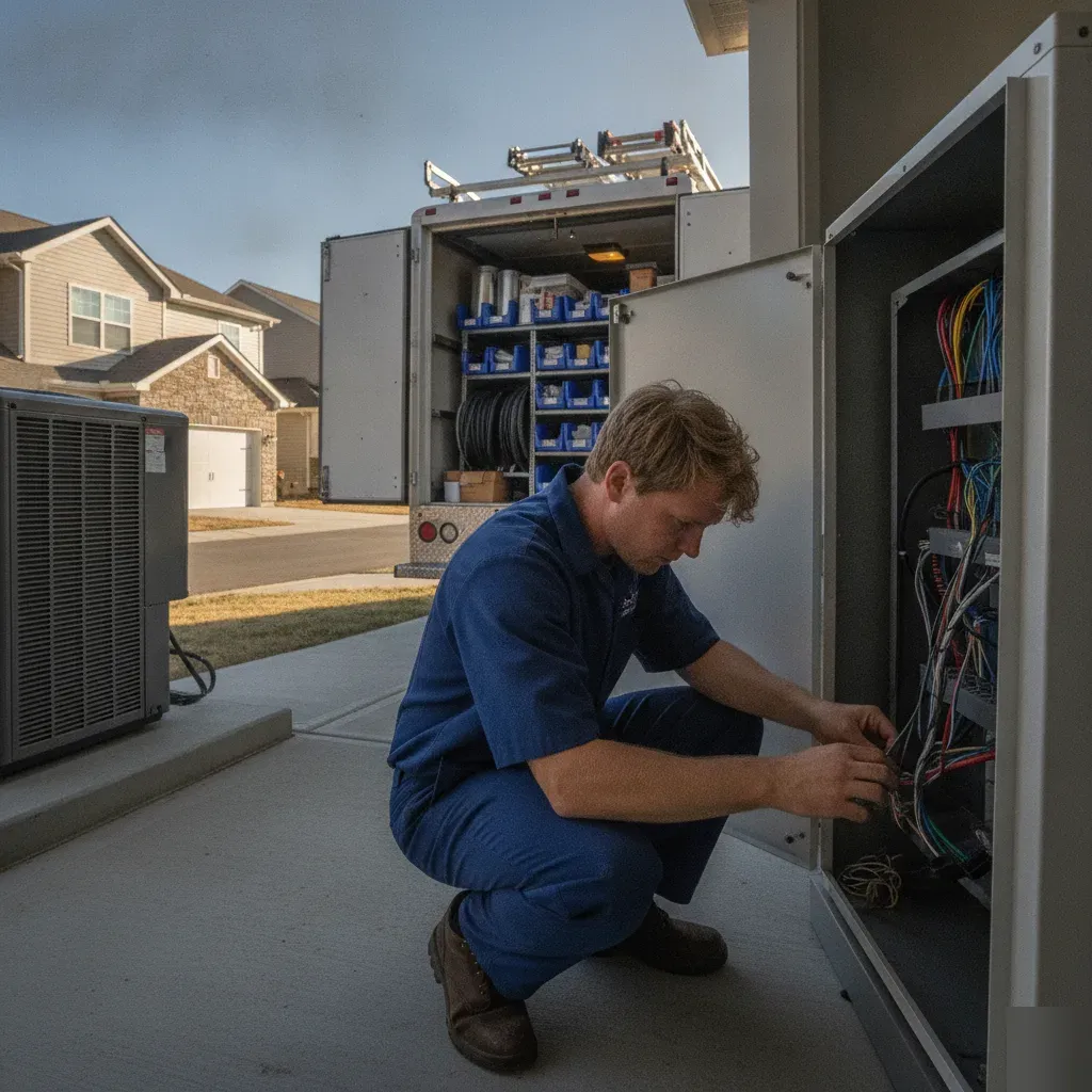 Technician servicing a heat pump outside an Aubrey home