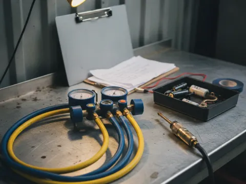 Heating repair tools including gauges and combustion analyzer used by Aubrey contractor