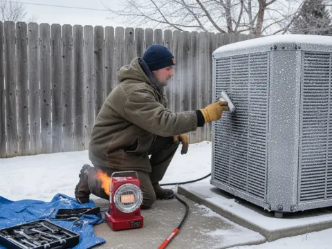 Technician clearing ice from outdoor heat pump unit during winter heating maintenance in Aubrey