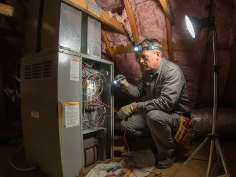 Technician inspecting aging furnace wiring in attic space during heating system evaluation in Aubrey