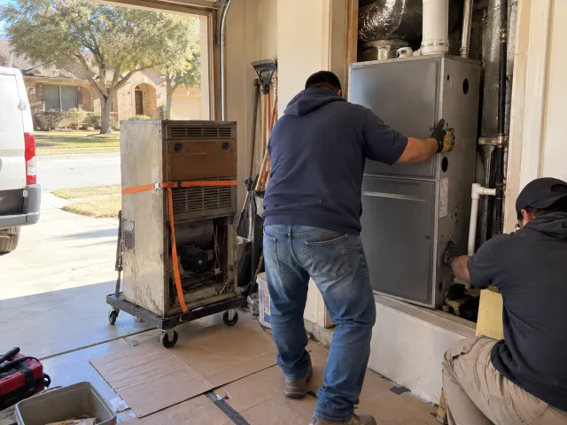 Two technicians setting a new furnace in a McKinney garage after removing the old unit