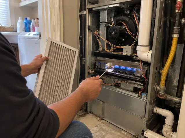 Technician checking the burner flames and air filter during a furnace tune-up
