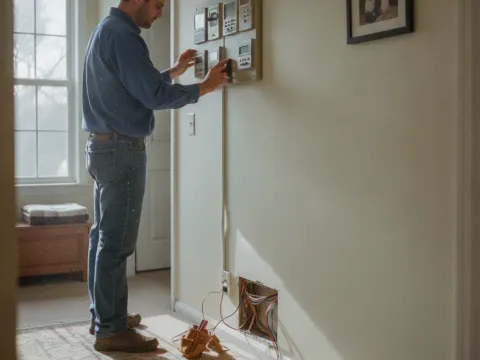 Technician adjusting zoning thermostat panel in two-story Aubrey home hallway