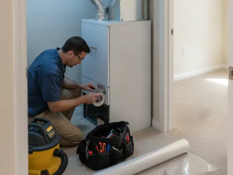 Technician installing high-efficiency furnace in an Aubrey home utility closet