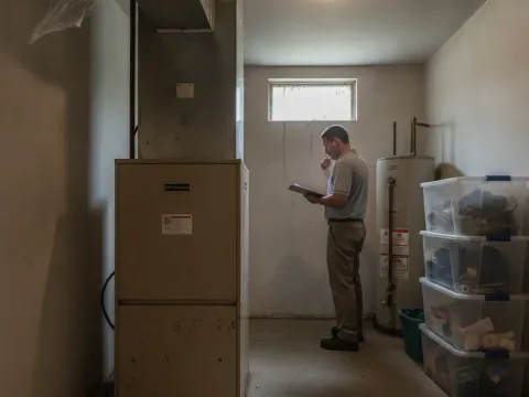Technician evaluating an aging furnace to decide between repair or replacement