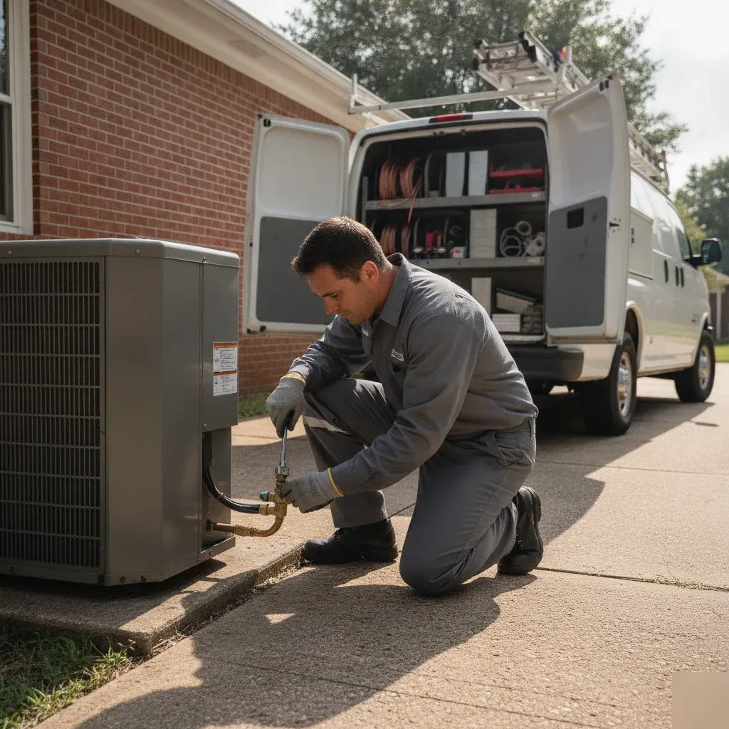 HVAC service truck at a condenser repair job in Aubrey