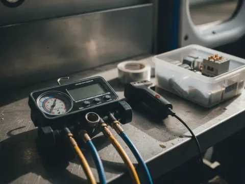 HVAC diagnostic tools including manifold gauges and leak detector on service van workbench