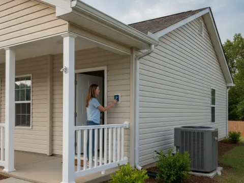 Homeowner adjusting thermostat near well-maintained house with outdoor HVAC unit in Aubrey