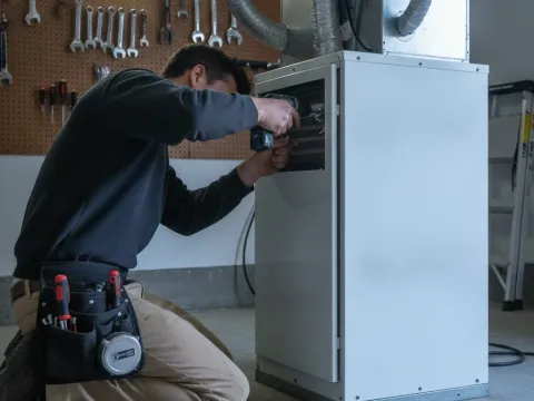 Technician removing access panel on air handler during professional HVAC repair visit