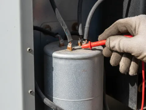 Technician testing a bulging HVAC capacitor with multimeter in Providence Village