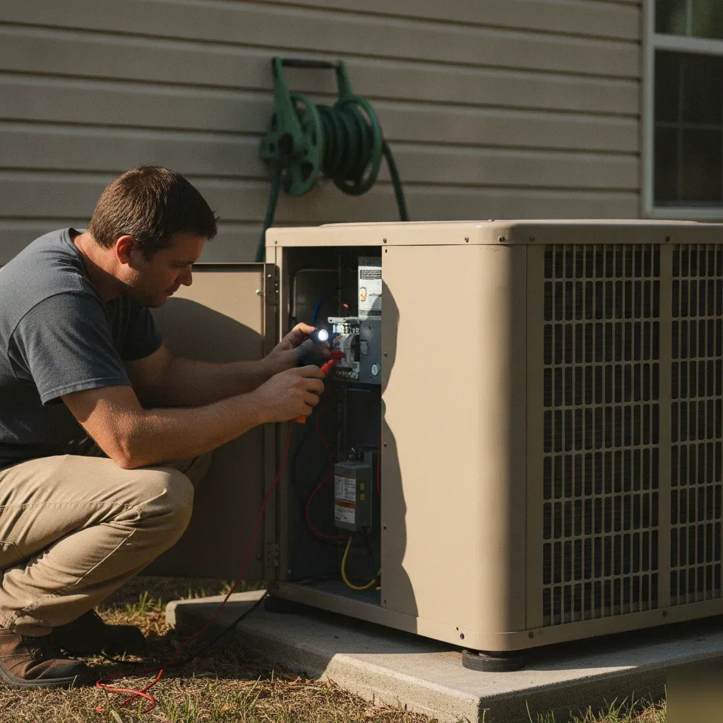 HVAC technician working on an outdoor condenser unit during a repair call in Providence Village