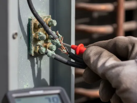 Close-up of corroded HVAC wiring terminals being tested during repair diagnosis