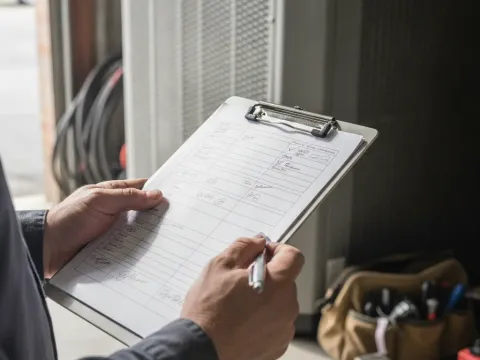 Technician completing final HVAC repair checklist in Providence Village