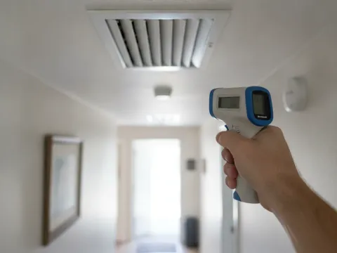 Technician measuring vent temperature to confirm HVAC repair success in Providence Village home