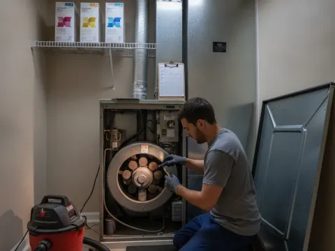 Technician cleaning furnace burner assembly during HVAC repair in Providence Village