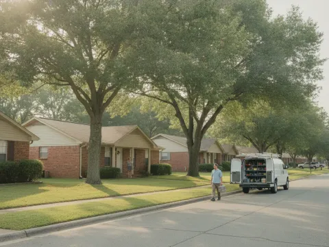 HVAC service van parked on residential street with technician approaching home in Aubrey