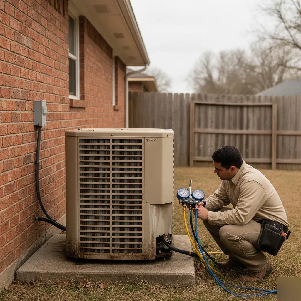 Outdoor HVAC condenser unit serviced during a whole-system repair visit in Providence Village