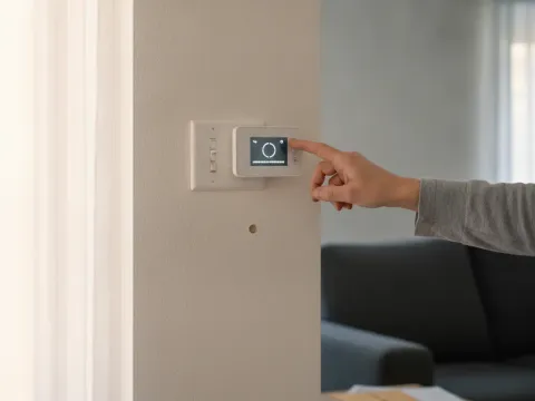 Homeowner checking thermostat settings before booking an HVAC repair appointment