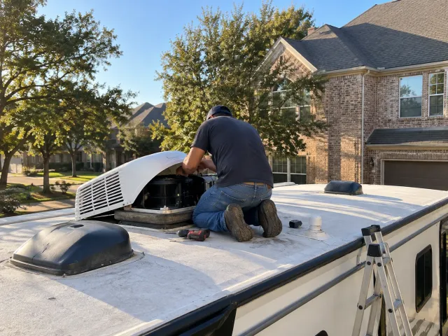 Technician repairing a rooftop RV air conditioner parked outside a McKinney home